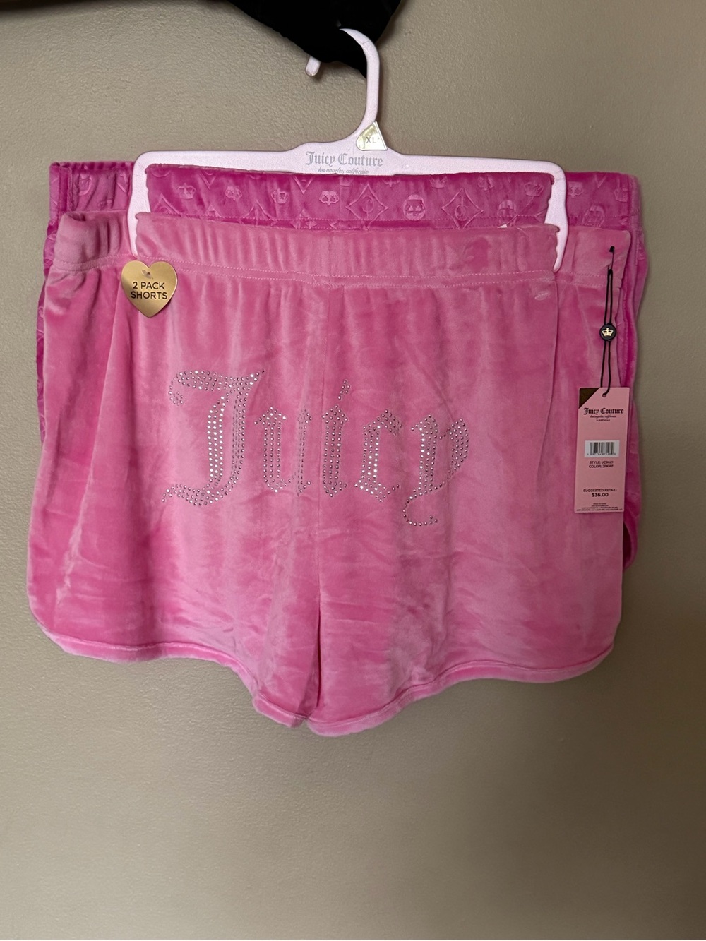 Juicy Couture Pink Velour Rhinestone Logo Shorts - 2 Pack XL. NWT
